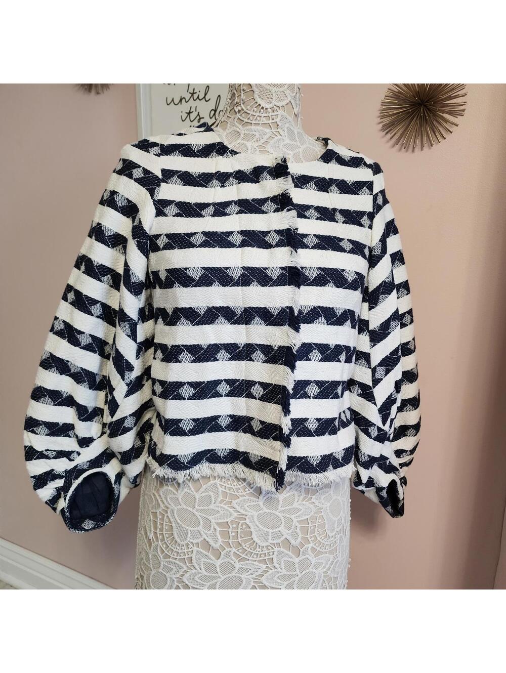 Anthropologie TryB Blue White Fringe Cropped Jacket Women’s Small NWT
